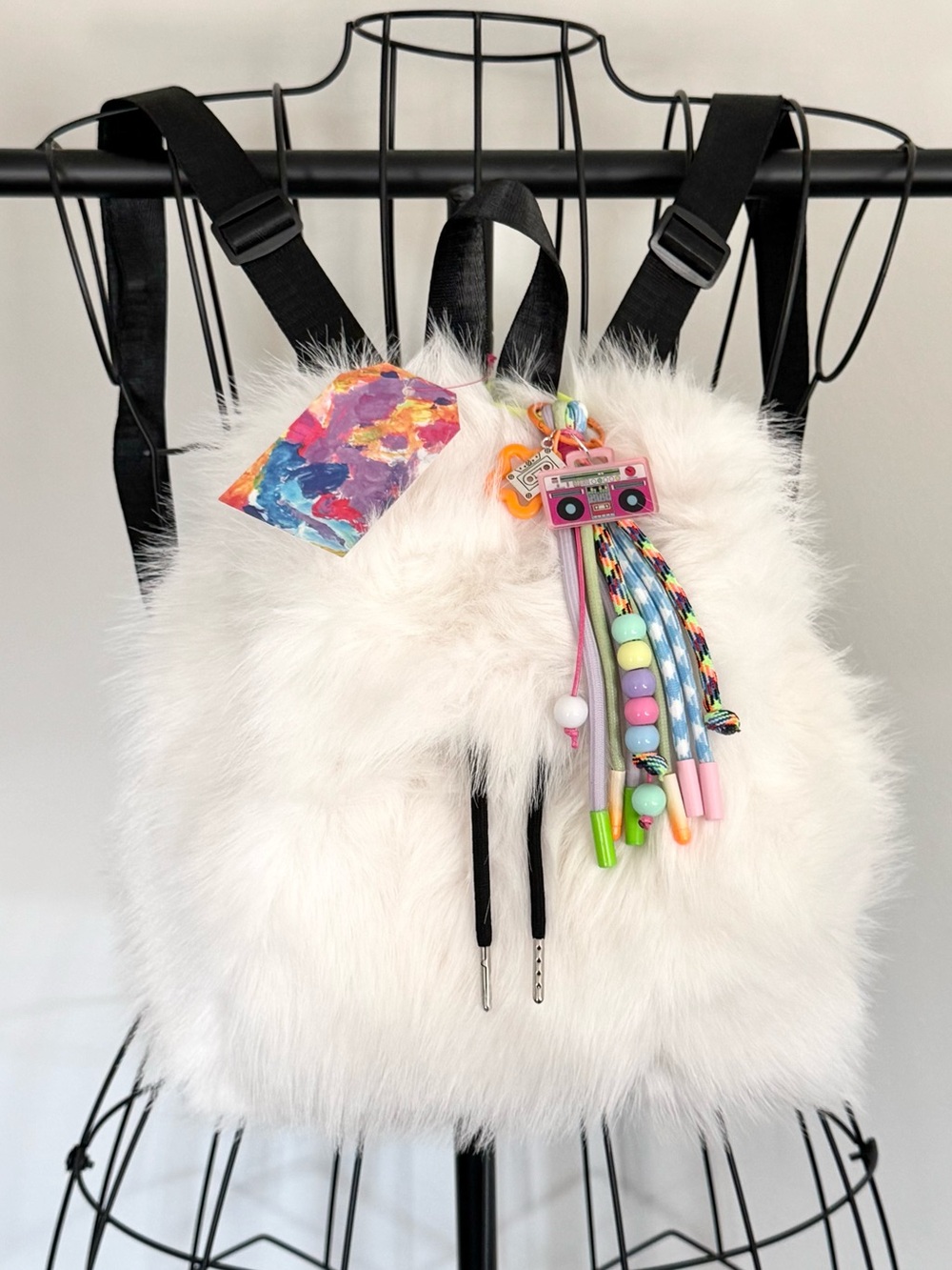 New Women’s Soft Faux Fur Mini Backpack Purse w/ Retro 80s 90s Boombox Bag Charm